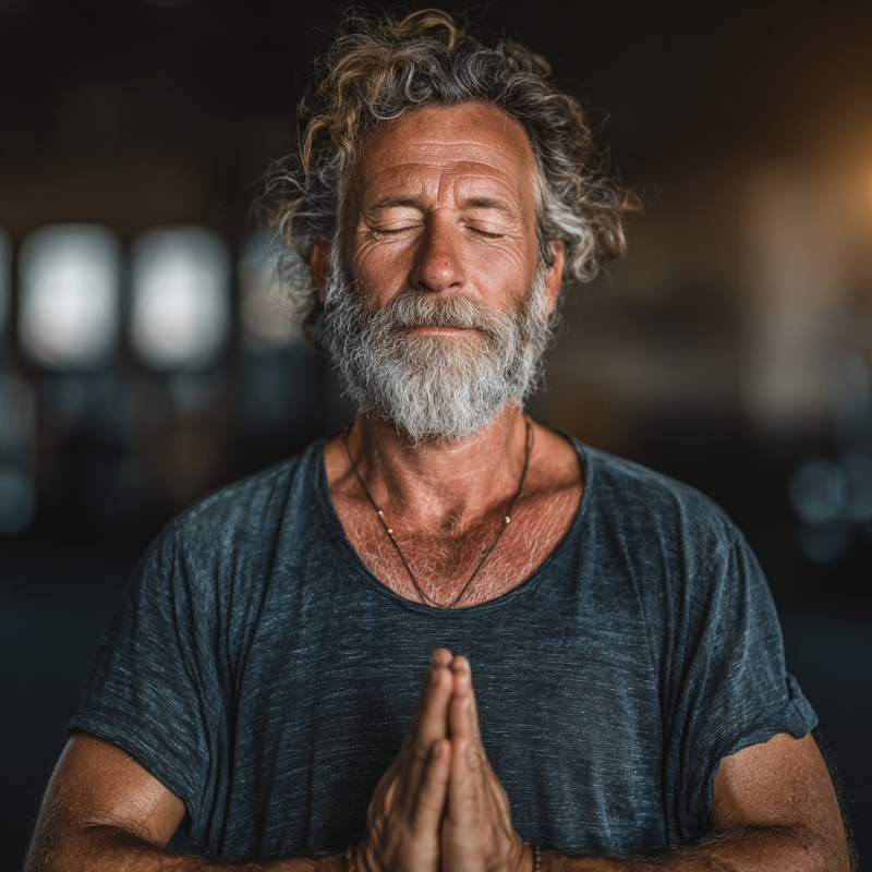 Літня жінка займається йогою